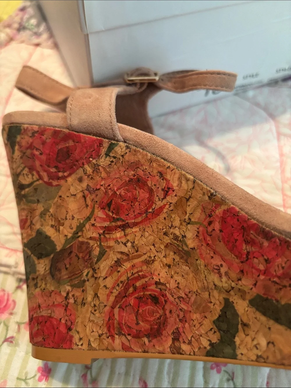Anthropologie Blush Suede Wedge Sandals with Floral Cork Platform
